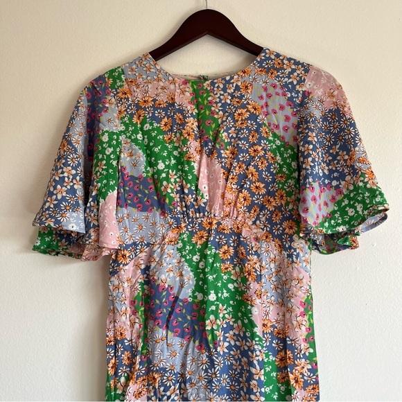 Topshop Austin Floral Print Multicolored Angle Sleeve Open Back Dress Size 4 - Picture 5 of 14